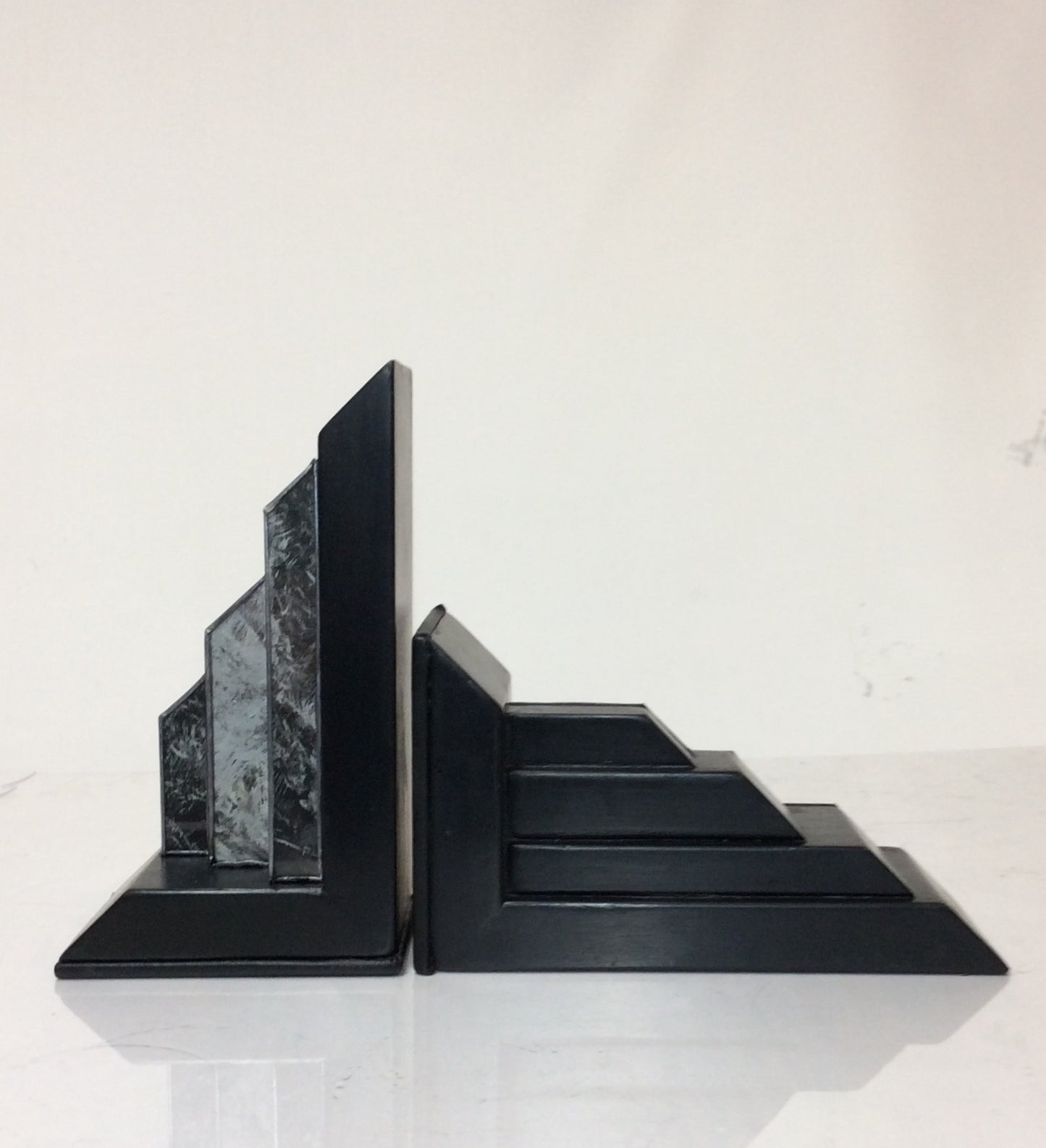 Art Deco Style Ebony and Marbled Glass Bookends (Pair)