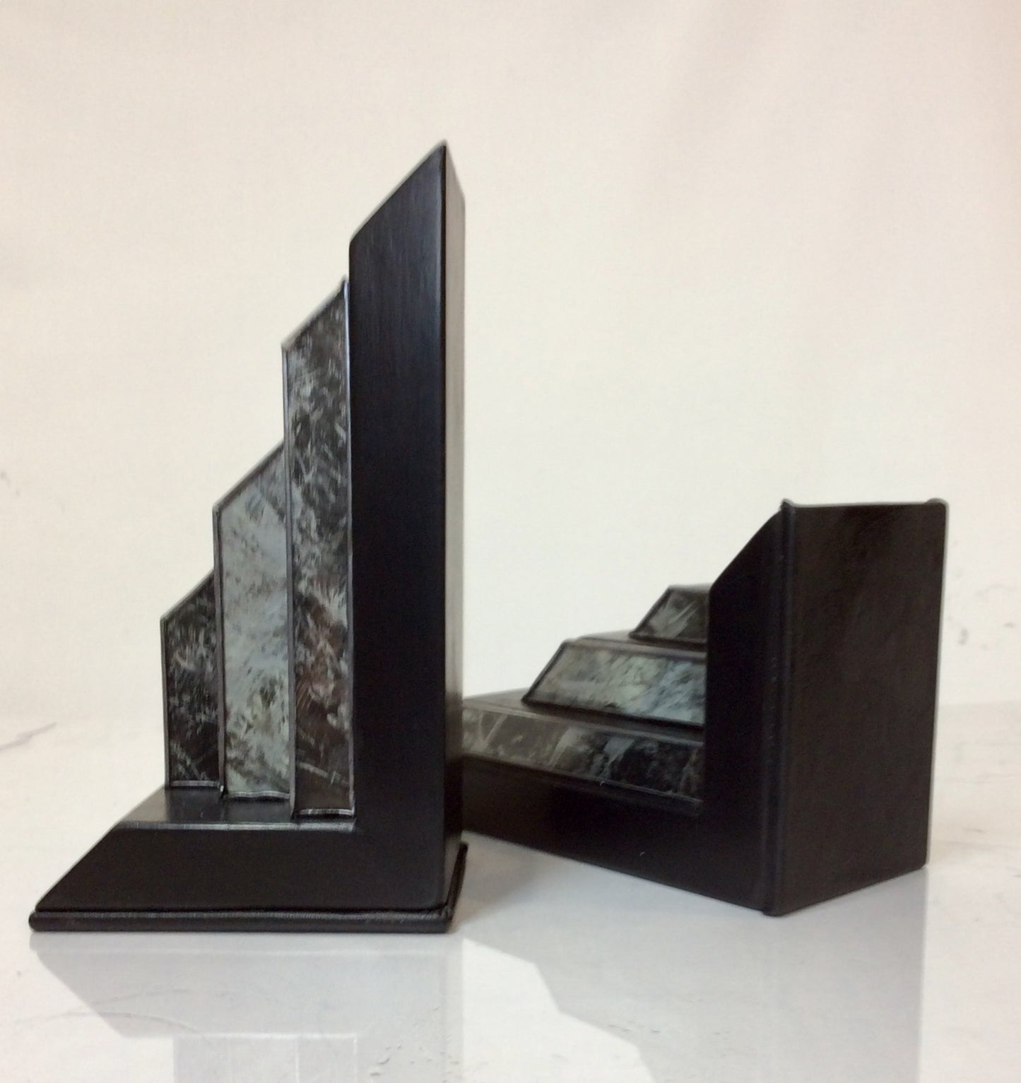 Art Deco Style Ebony and Marbled Glass Bookends (Pair)