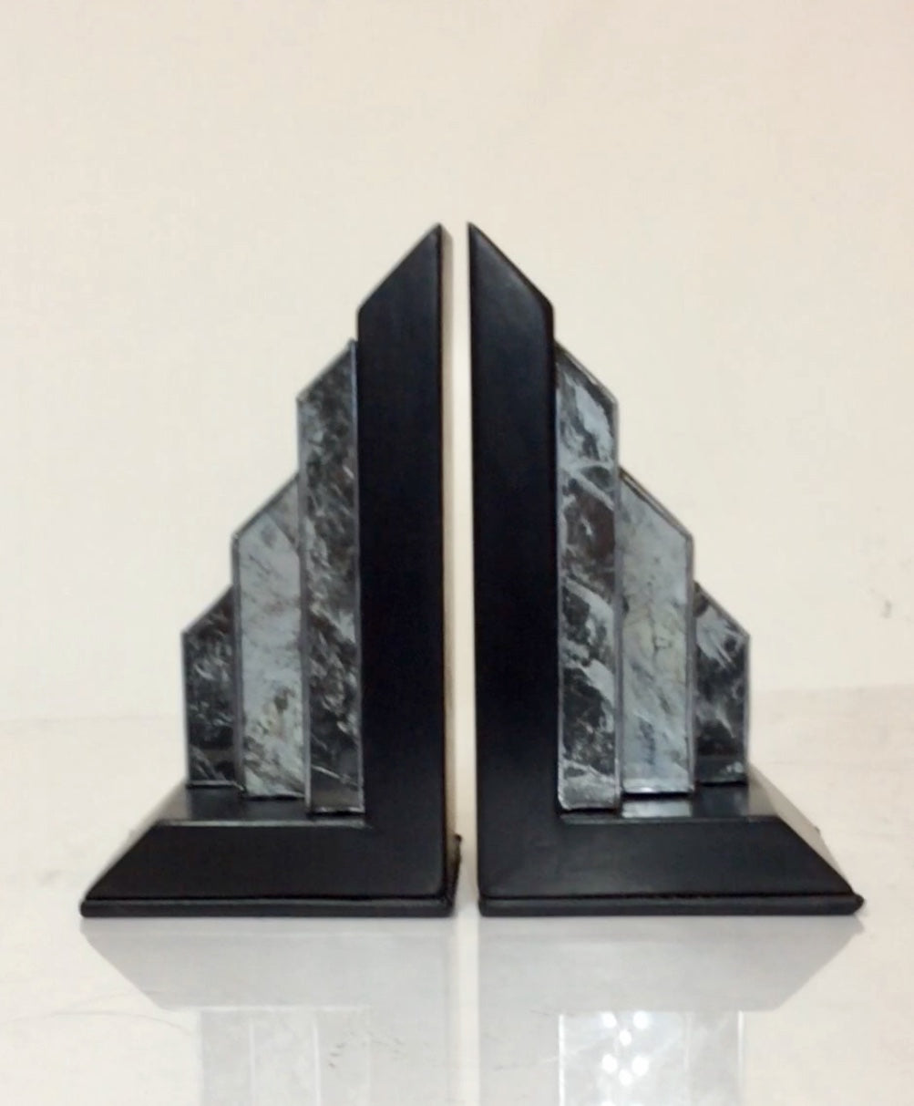 Art Deco Style Ebony and Marbled Glass Bookends (Pair)