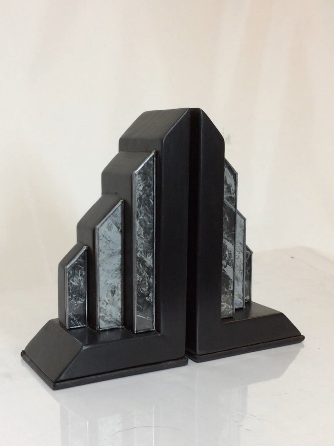 Art Deco Style Ebony and Marbled Glass Bookends (Pair)
