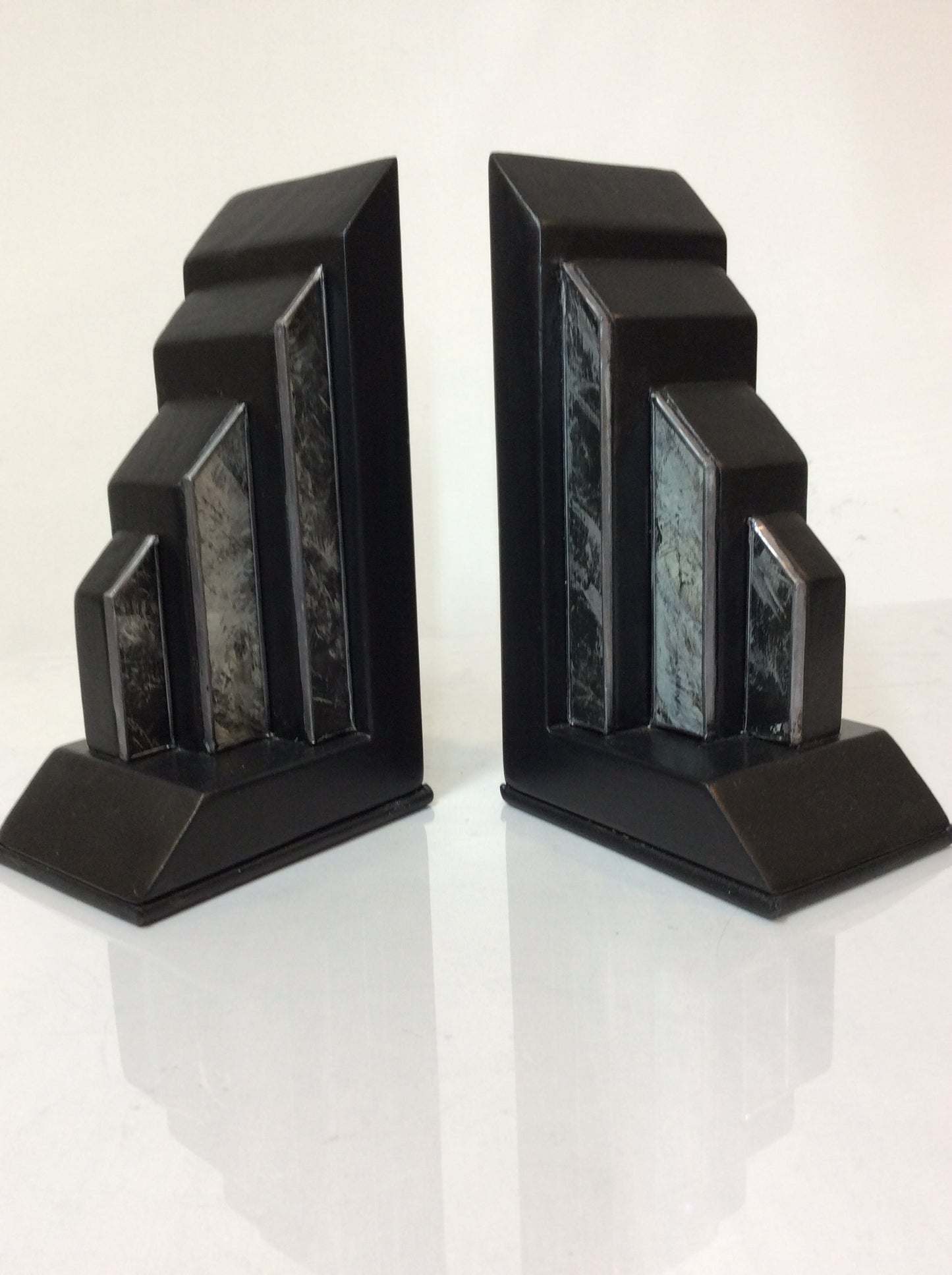 Art Deco Style Ebony and Marbled Glass Bookends (Pair)