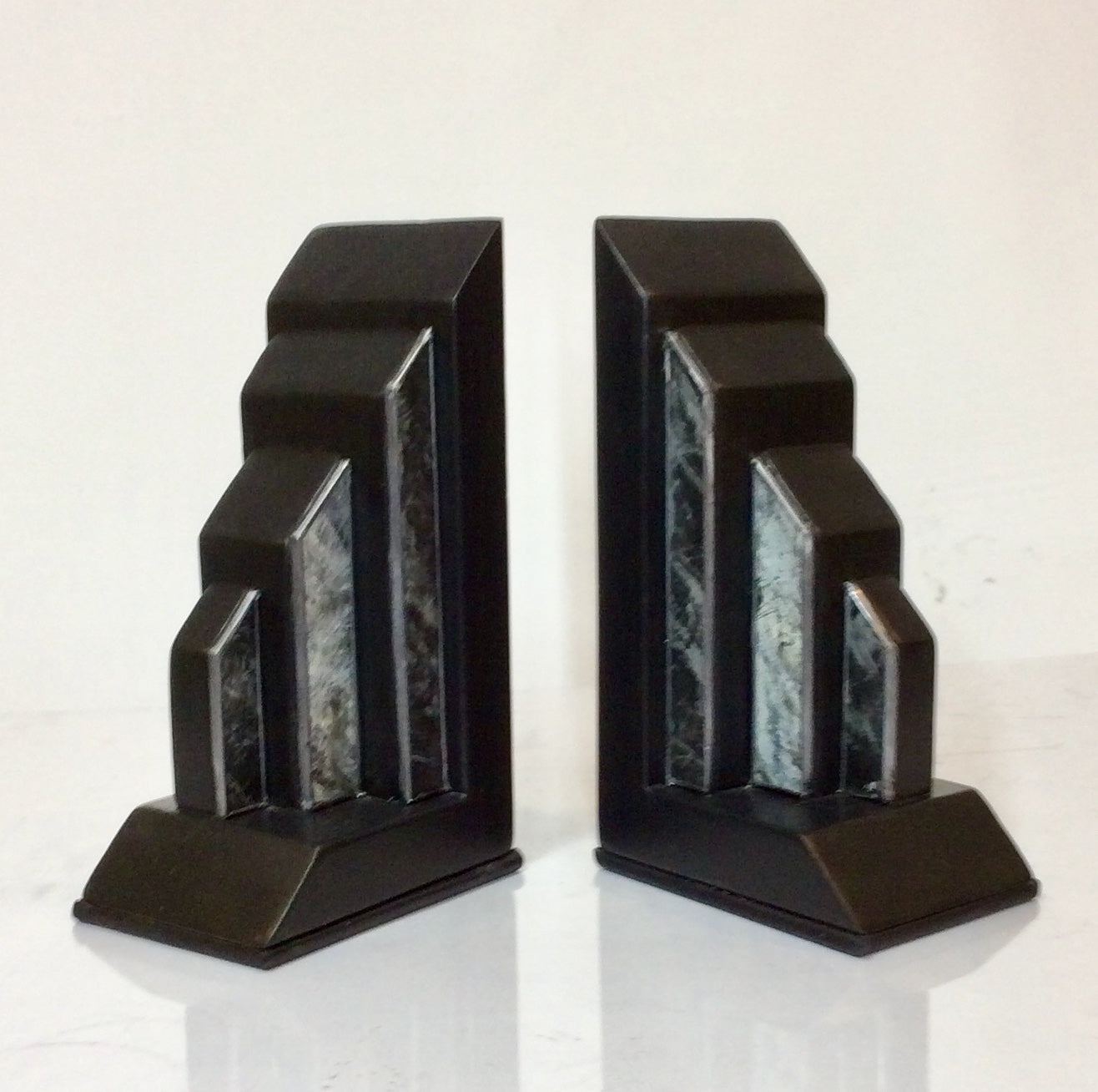 Art Deco Style Ebony and Marbled Glass Bookends (Pair)