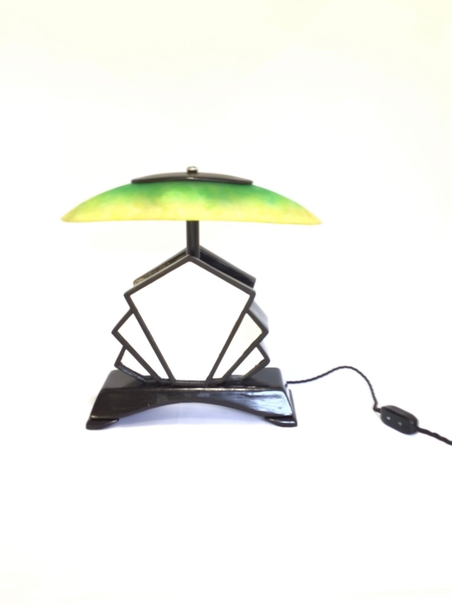 Art Deco Green Mirror and Glass Shade Lamp