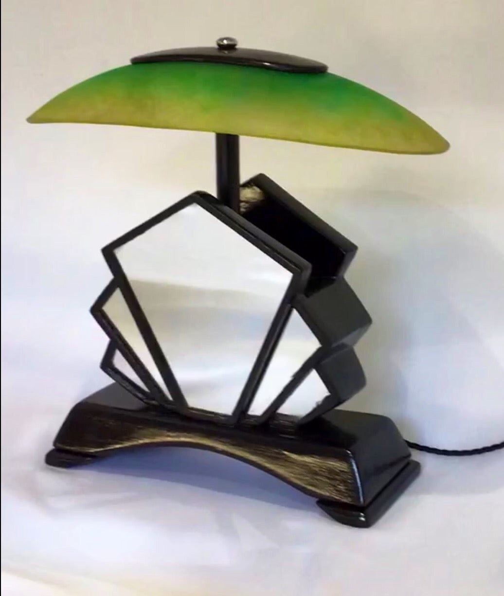 Art Deco Green Mirror and Glass Shade Lamp
