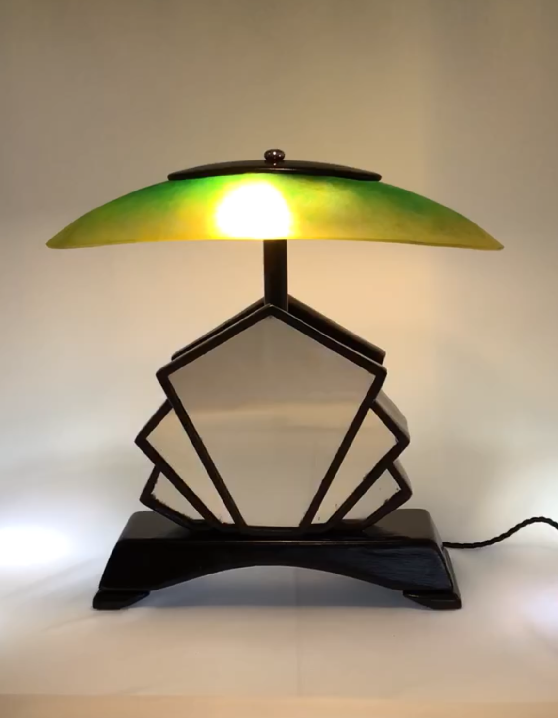 Art Deco Green Mirror and Glass Shade Lamp