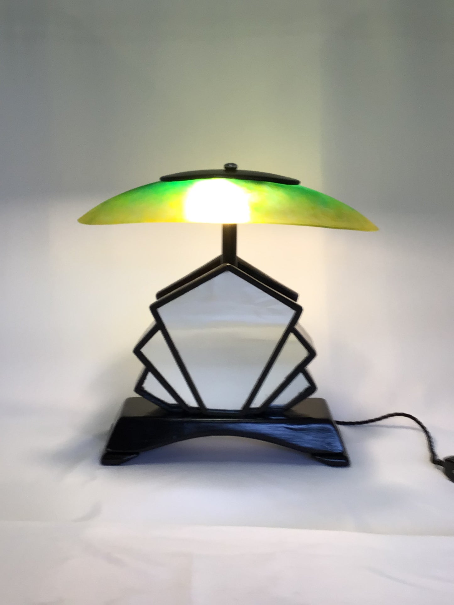 Art Deco Green Mirror and Glass Shade Lamp