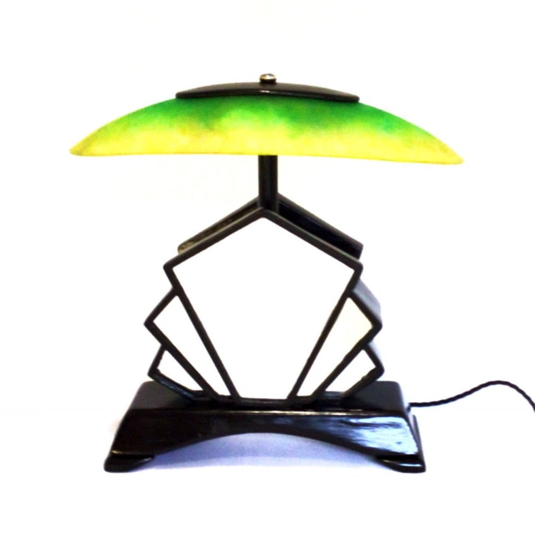 Art Deco Green Mirror and Glass Shade Lamp