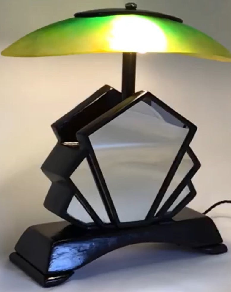 Art Deco Green Mirror and Glass Shade Lamp