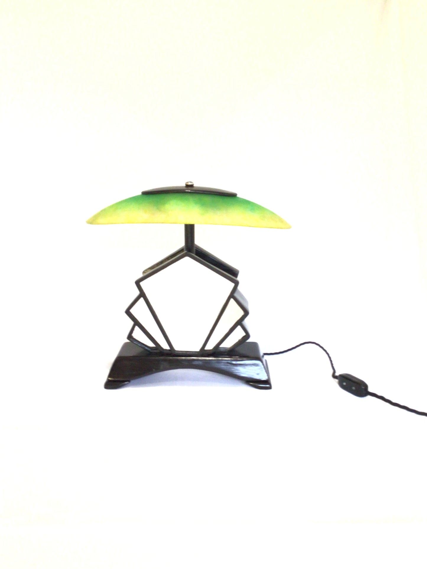 Art Deco Green Mirror and Glass Shade Lamp