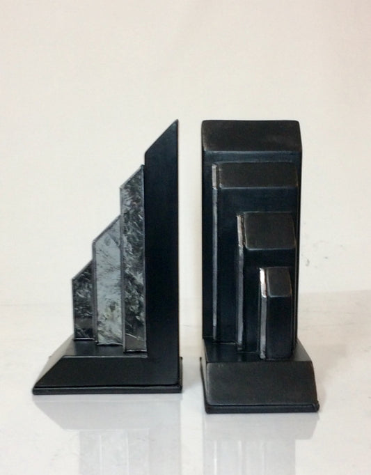 Art Deco Style Ebony and Marbled Glass Bookends (Pair)