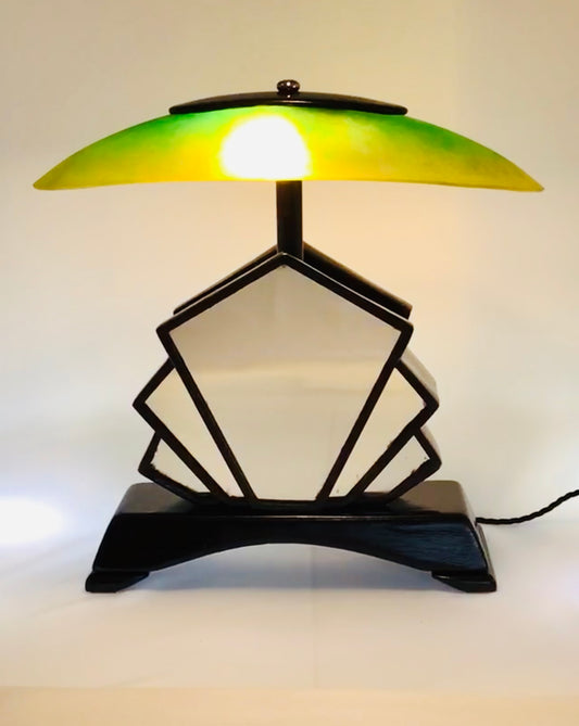 Art Deco Green Mirror and Glass Shade Lamp